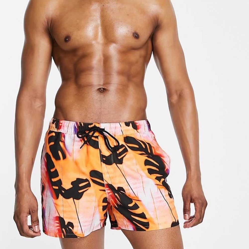 (A2) ASOS DESIGN swim shorts with abstract‎ leaf print short length, Size L, NEW - Picture 2 of 10